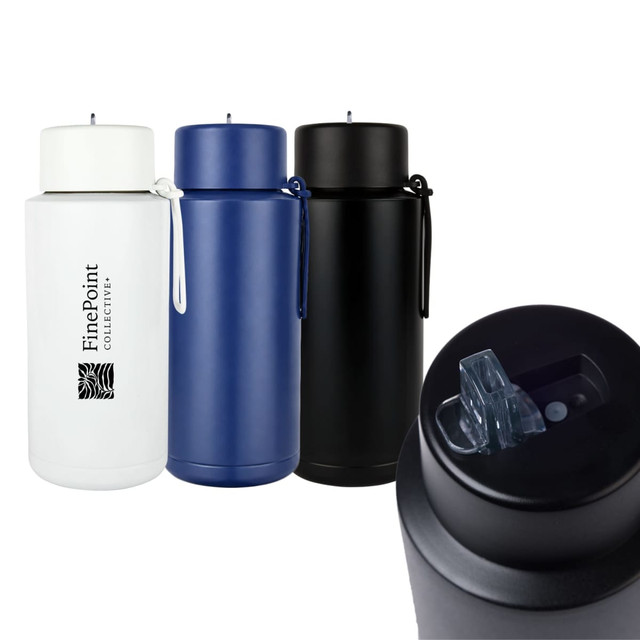 A drink bottle in three colours: white, navy, and black, featuring a carry handle and a secure lid.