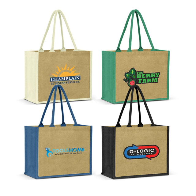 Four jute tote bags in beige, green, black, and blue, each featuring different logos and designs.