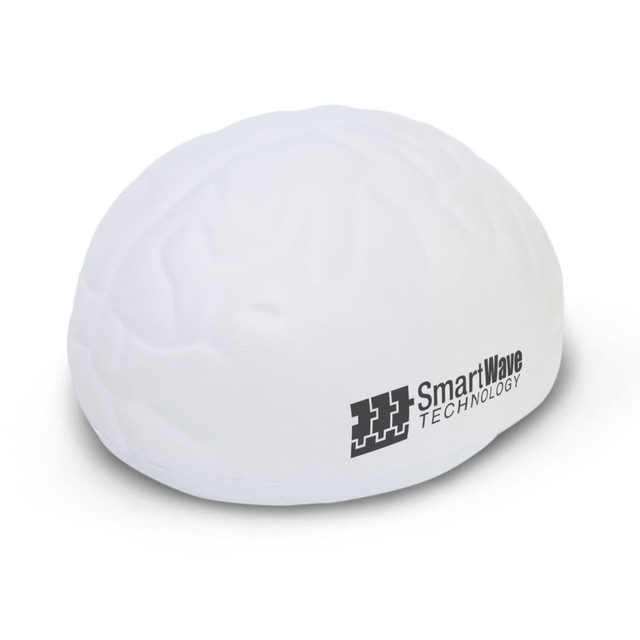 A white stress shape designed like a brain, featuring a logo on one side.