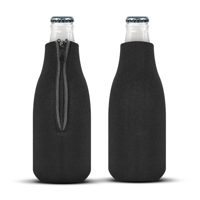 A drink bottle cooler featuring a sleek black design with a zipper for easy access.