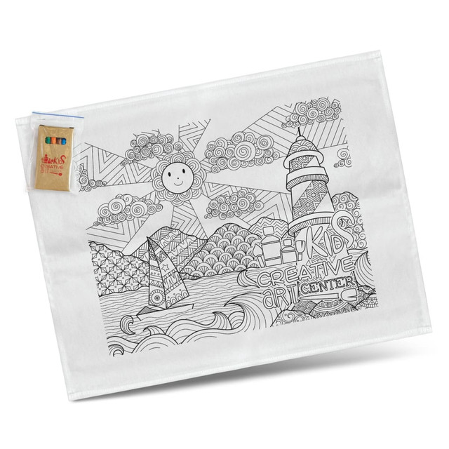A white tea towel featuring a black and white colouring design with a sun, lighthouse, and waves, accompanied by colouring pens.