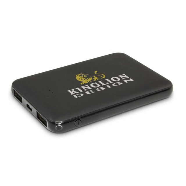 A black power bank with dual USB ports and a logo on the surface, designed for charging devices on the go.
