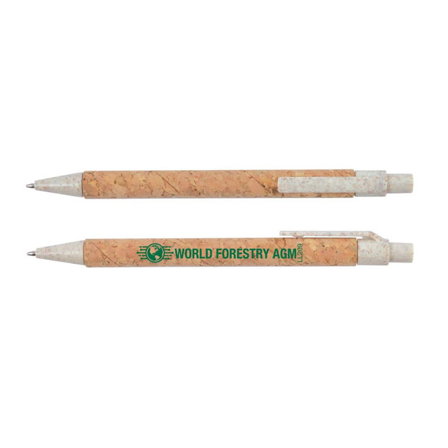 A cork pen with a natural cork barrel and a white top, featuring a printed logo that reads "WORLD FORESTRY AGM."