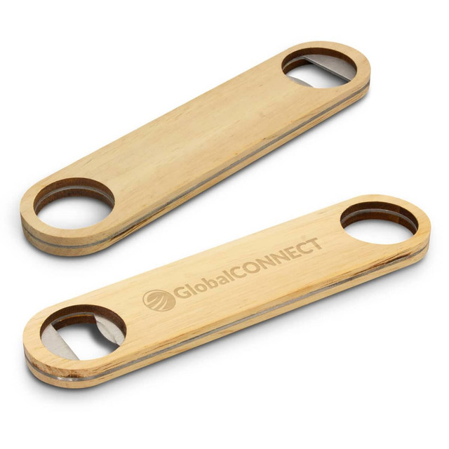 A drink bottle opener made of wood, featuring two circular openings and a logo on one side.