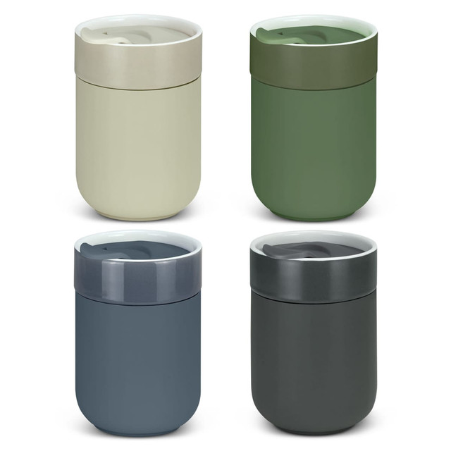 A set of four ceramic coffee cups in light green, dark green, blue, and dark grey, each featuring a lid and a logo.