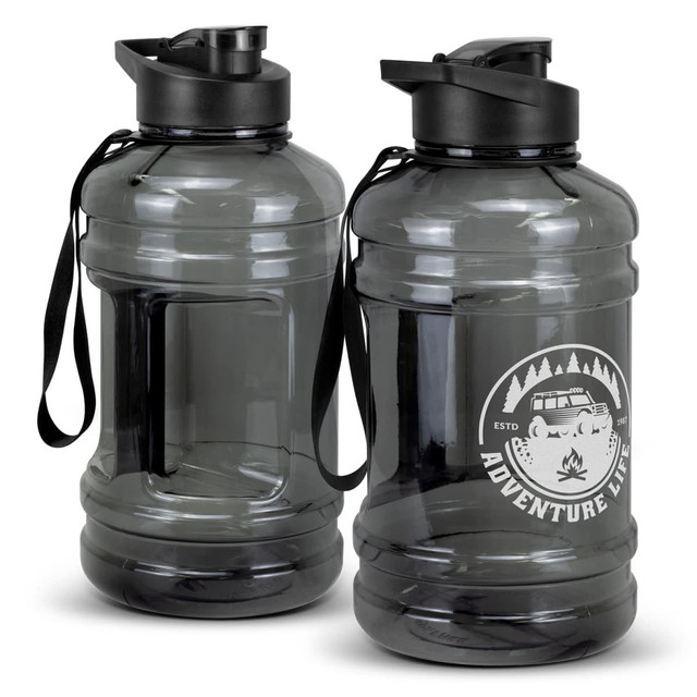 A drink bottle in smoky grey with a black lid and strap, featuring a logo on one side.