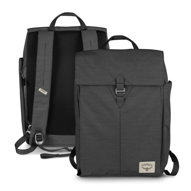 A grey Osprey Arcane Flap Backpack featuring a minimalist design, adjustable shoulder straps, and a logo.