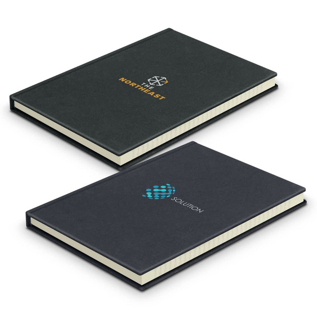 A dark green recycled cotton hard cover notebook with a logo on the front, featuring a textured finish.