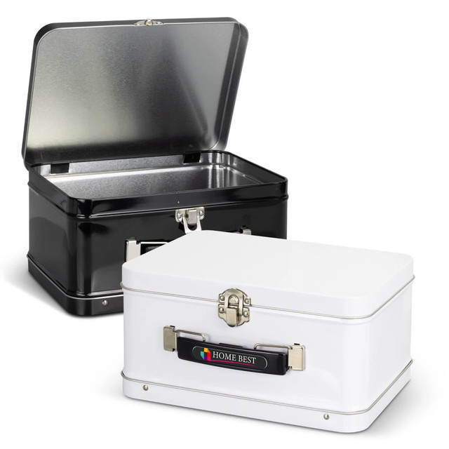 A black and a white tin lunch box with metal clasps and an interior lining, both featuring logos on the exterior.