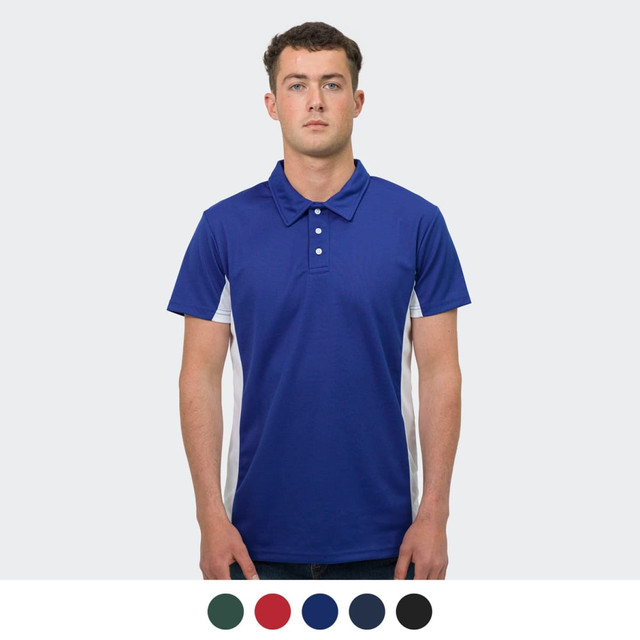 A blue men's polo shirt with white side panels. The shirt features a collar and three-button placket, with a logo.