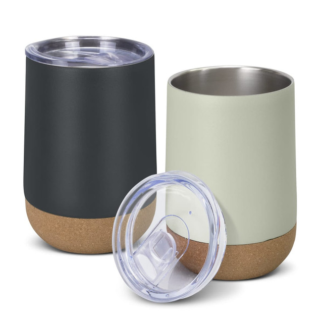 A drink bottle set featuring a dark grey and a light green cup with cork bottoms and clear lids.