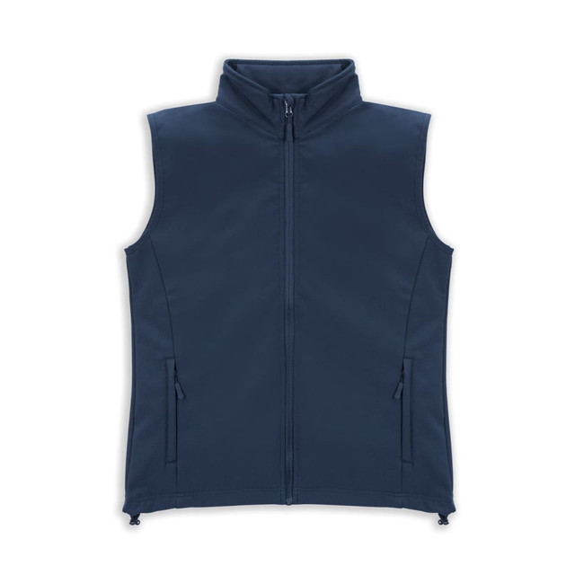 A navy blue women's vest featuring a high collar and side pockets. The design includes a front zip and has a logo.