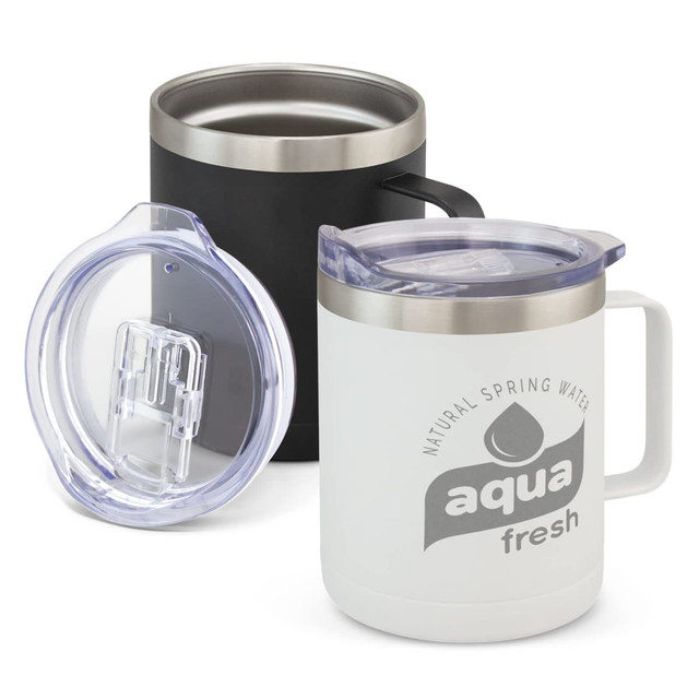 A drink bottle set featuring a white and a black vacuum cup, both with stainless steel accents and clear lids.