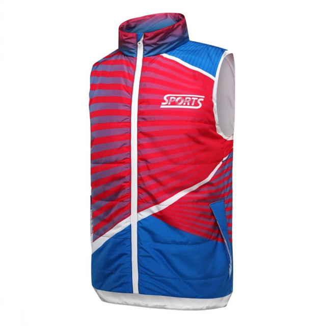 A puffer vest coat in red, blue, and white with a striped pattern and a branded logo. Ideal for winter sports.