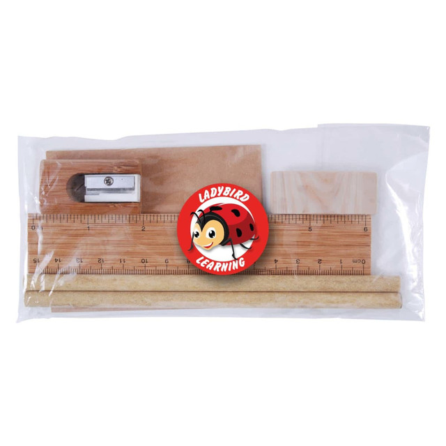 A clear package containing a wooden ruler, two wooden sticks, a sharpener, and an eraser featuring a cartoon character.