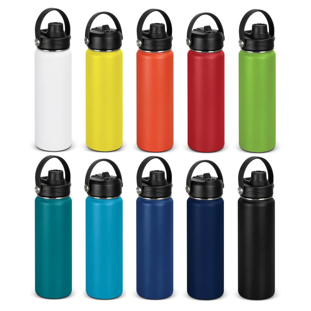 A collection of vacuum bottles in various colours, including black, red, yellow, orange, blue, and white. Each has a handle and a logo.