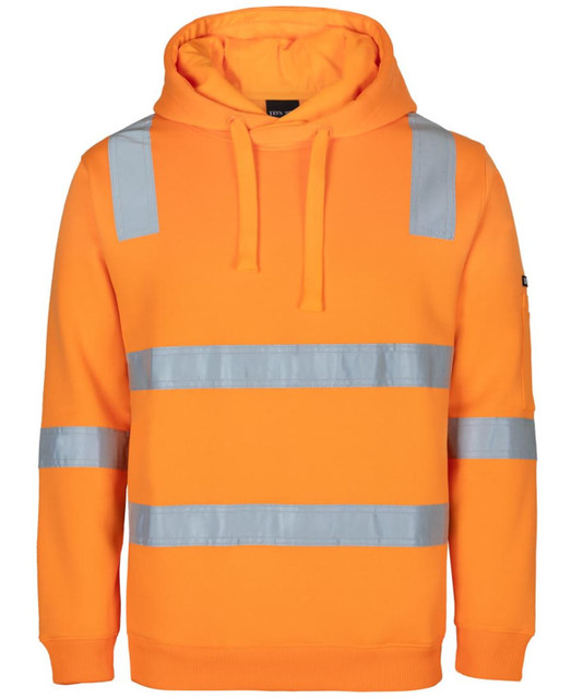 An orange hoodie with reflective silver stripes, featuring a hood and a logo on one sleeve.