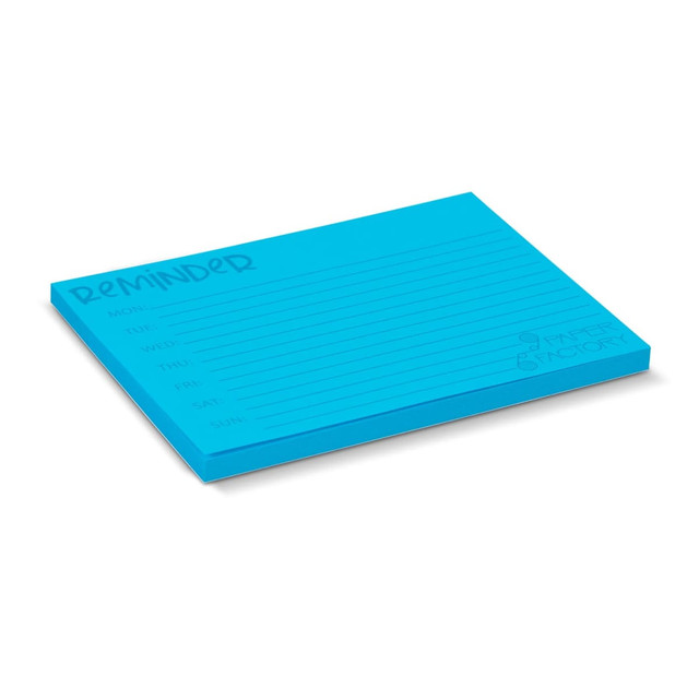 A blue sticky pad measuring 100 x 75mm, featuring 50 sheets for notes or reminders. It has branding on the side.