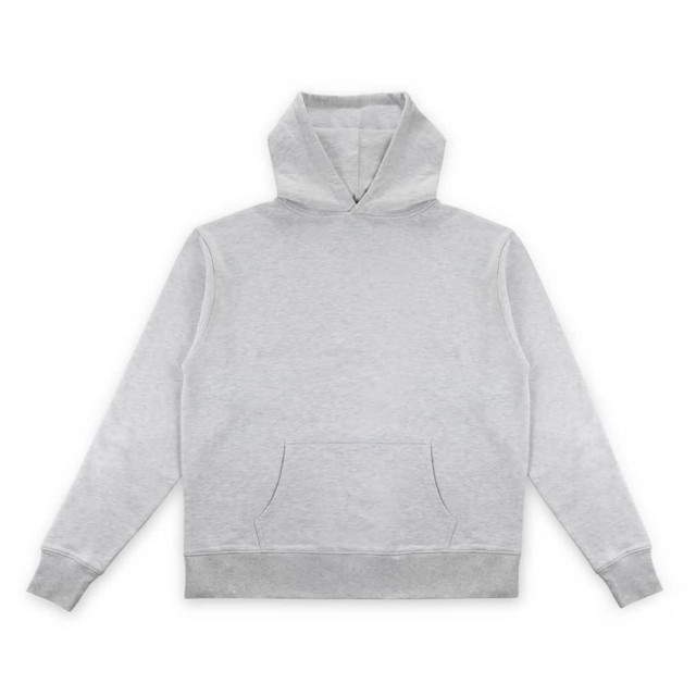 A grey essential hoodie with a front pocket and a hood. It features a logo on the hem.