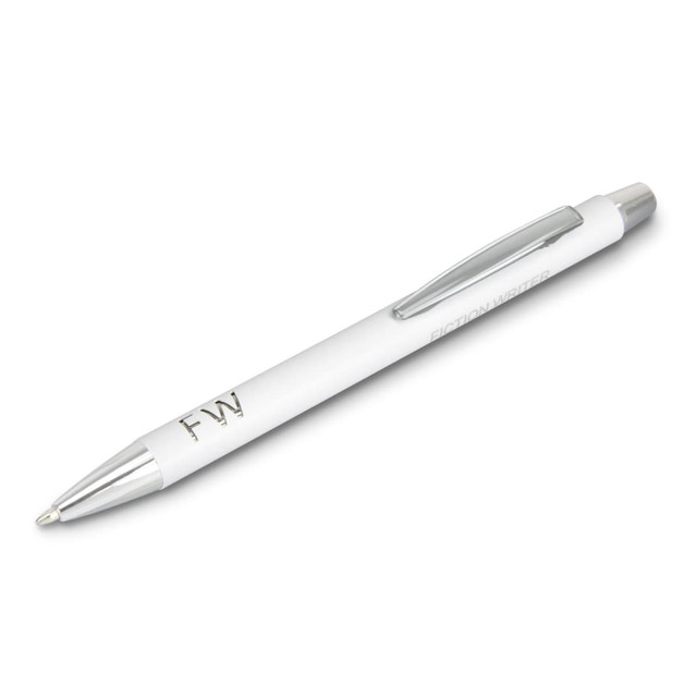 A white pen with a silver clip and a laser-cut logo on the barrel.