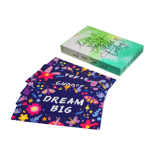 Custom Jumbo Cards in a colourful box, featuring vibrant floral designs and inspirational phrases.