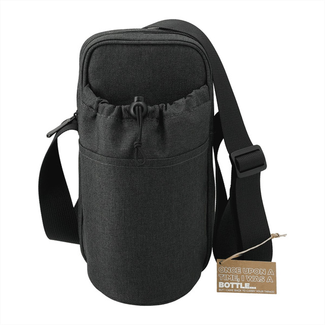 A drink bottle cooler in dark grey, featuring an adjustable strap and additional pouch for storage.