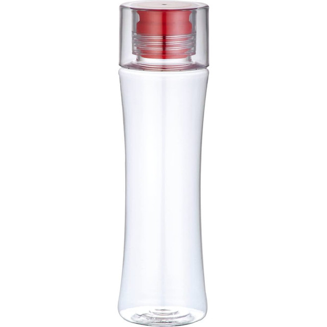 A drink bottle in clear plastic with a red cap, featuring a sleek, modern design and a branding logo.