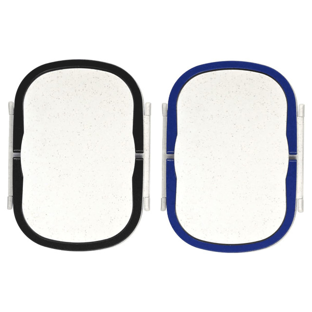 Two plastic and wheat straw lunch boxes, one with a black rim and the other with a blue rim, featuring a white interior.