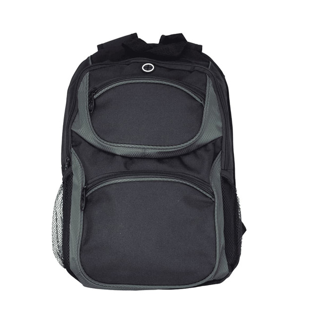 A black and grey backpack with multiple zippered pockets and mesh side pouches, featuring a logo.