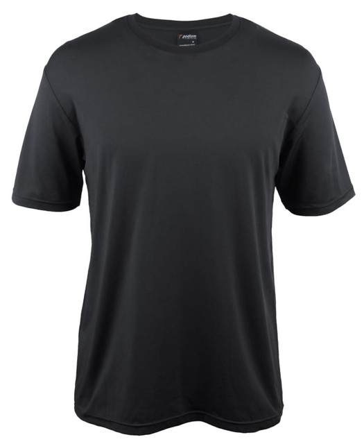A black T-shirt featuring short sleeves, made from soft fabric, with a logo on the collar.