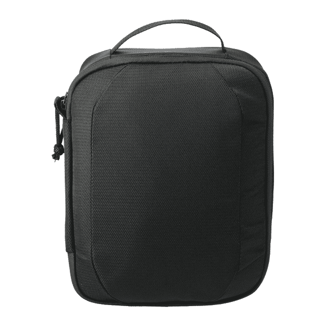 A black tech case with a handle, featuring a textured surface and a zip closure. It has a logo on the front.