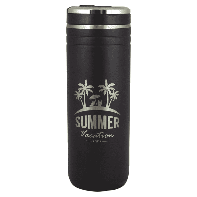 A drink bottle made of plastic, featuring a matte black finish, with a silver lid and a logo design.