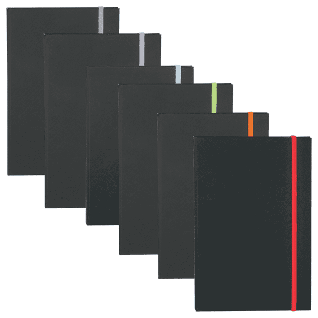 A collection of black journals with vibrant elastic bands in various colours: red, orange, green, blue, purple, and light blue.