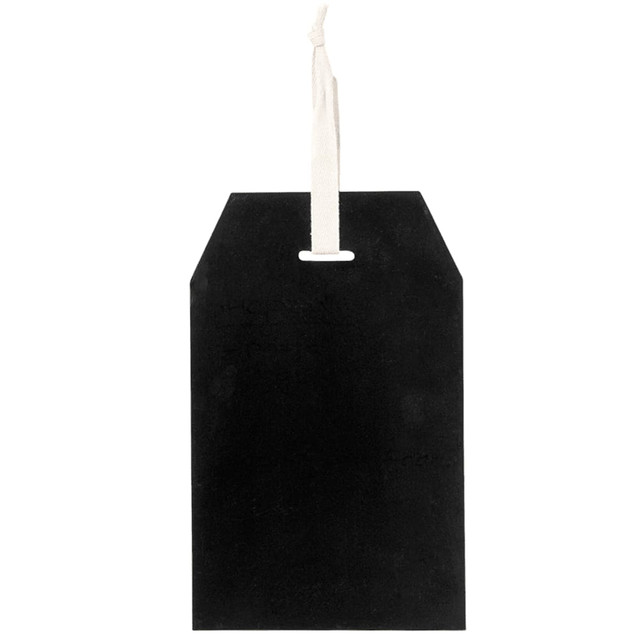 A black slate-style tag with a white hanging string, featuring a simple, flat design and a textured surface.