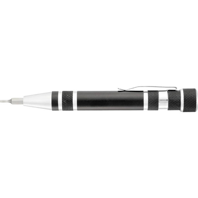 A black and silver multi-tool featuring a screw driver, with a textured grip and clip. It also includes a logo.