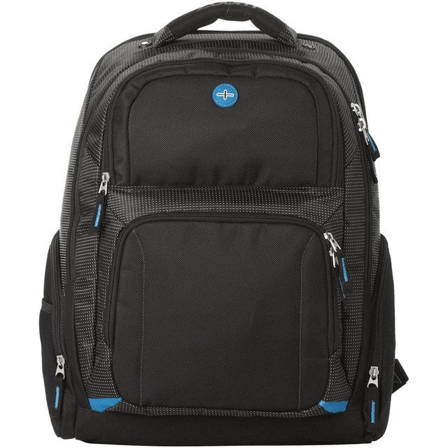A black backpack with multiple compartments, featuring blue accents and a logo on the front.