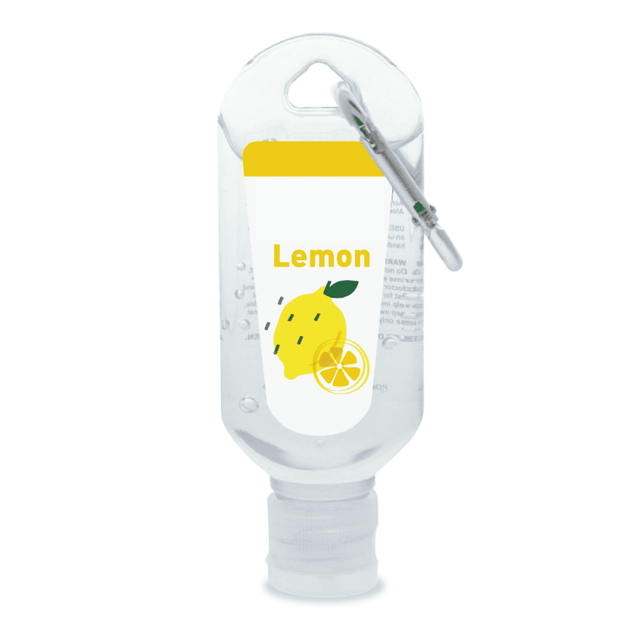 A clear 60mL hand sanitiser bottle with a lemon scent, featuring a carabiner and a logo.