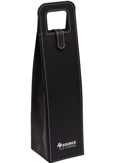 A black bag with a handle, featuring a logo and white stitching, designed for carrying items securely.
