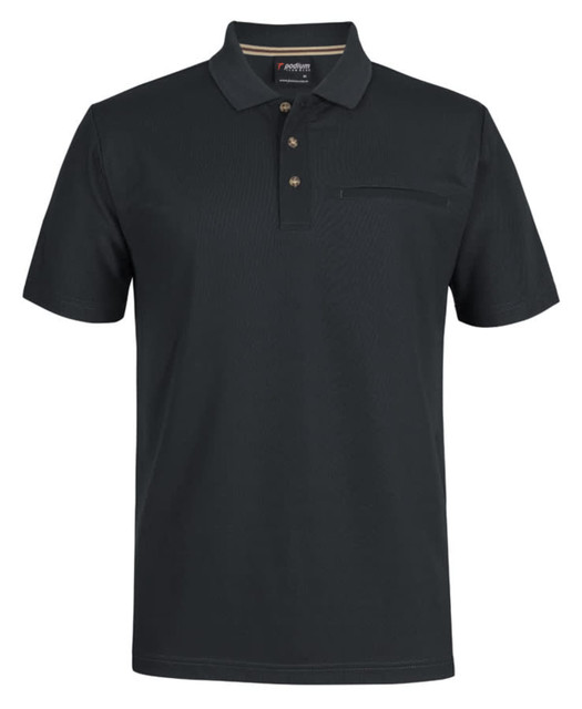 A black polo shirt made from recycled polyester, featuring a buttoned placket and a pocket, with a logo.