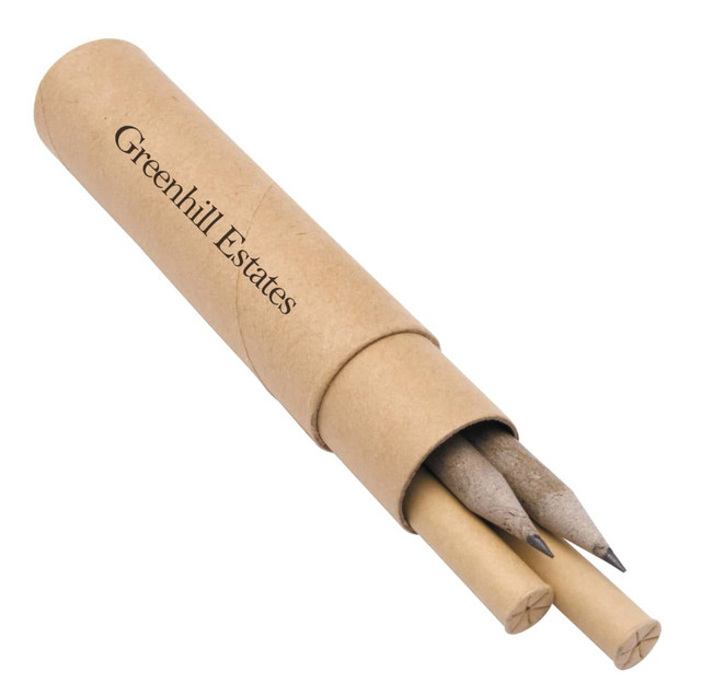 An eco writing set in a cylindrical cardboard holder, featuring three grey pencils with a logo.