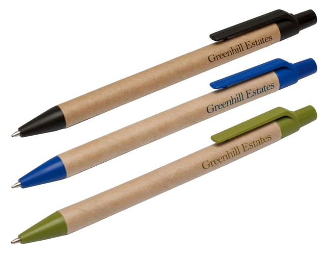 Three eco-friendly pens in black, blue, and green, with a natural paper finish and a logo on each.