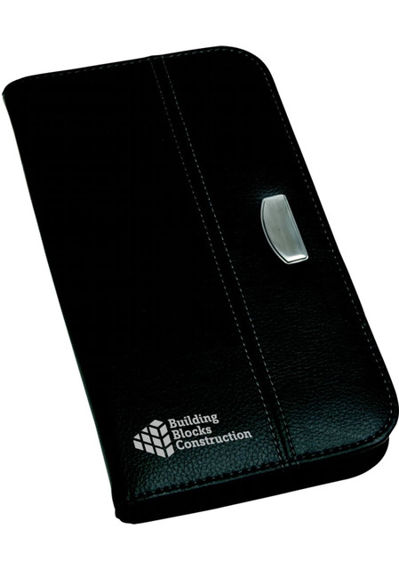 A black travel wallet with a silver accent and a logo, designed for storing travel documents and cards.