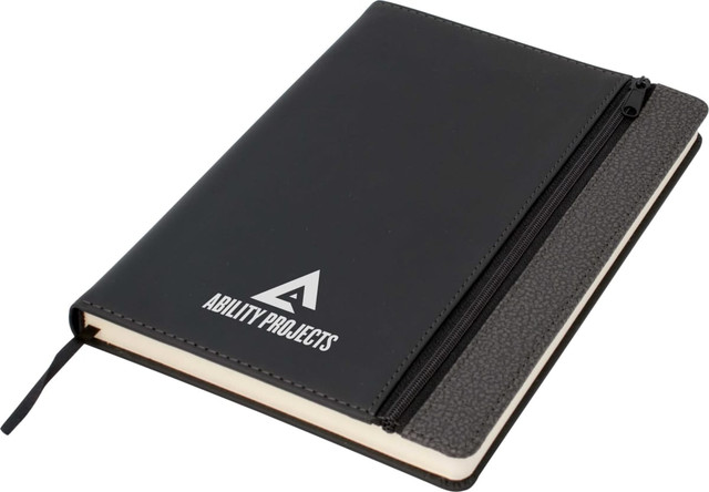 A black A5 notebook with a dark grey trim and a zippered pocket. Features a logo on the cover.