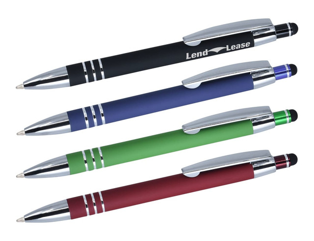 A set of four stylus pens in black, blue, green, and red, each with a shiny silver clip and branding.