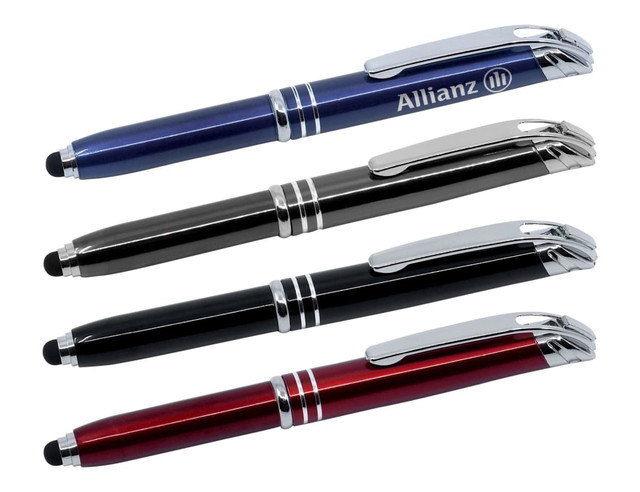 A set of four stylus pens in blue, black, silver, and red, featuring chrome details and a logo.