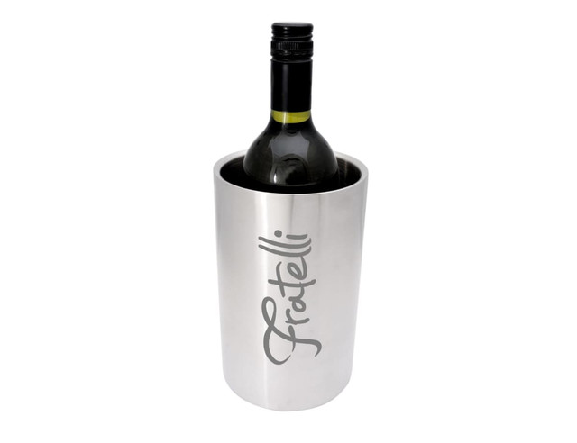 A drink bottle chiller in silver featuring a sleek design and a logo on the front.