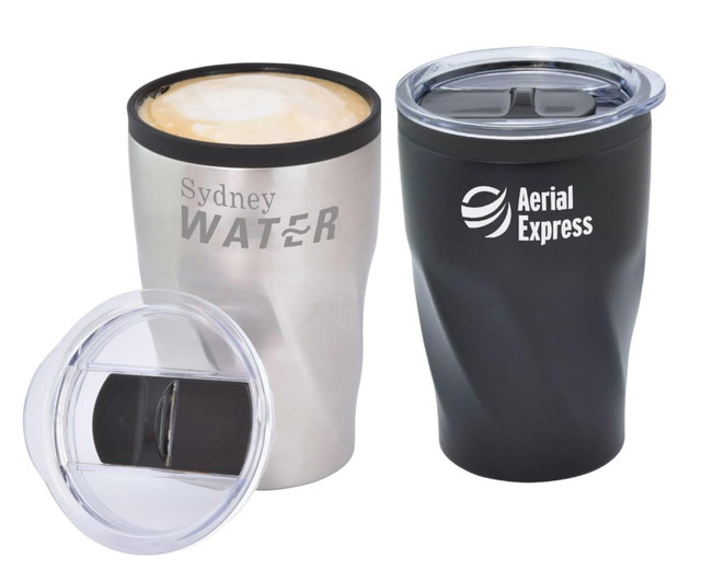 A double wall travel mug in silver and black, featuring a clear lid and branding on both sides.