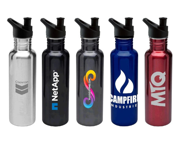 A drink bottle collection featuring stainless steel in silver, black, blue, red, and a custom logo on each.