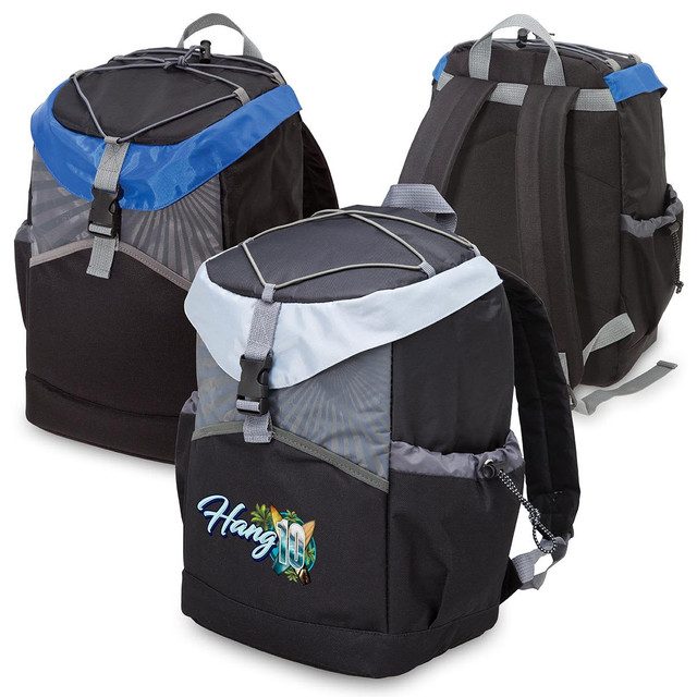 A cooler backpack in black with blue and grey accents, featuring a logo and multiple zippered compartments.