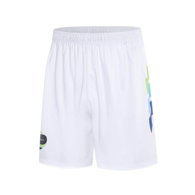 A pair of white tennis uniform shorts featuring a logo and colourful geometric design on the side.